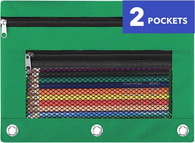 ASBEFORE Pencil Pouch for 3 Ring Binder - 3 Hole Zipper Pen Case Bag Holder Bulk Accessories Clear Window Aesthetic Organizer Pockets (Green, 1) - Image 1